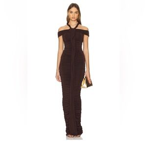 Textured Slinky Off-Shoulder Brown Maxi Dress